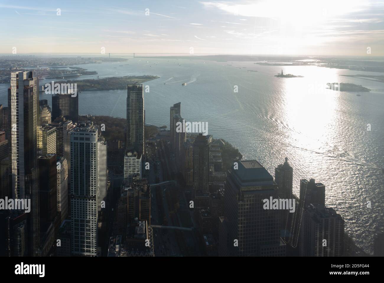 An aerial view of New York City Skyline. Downtown Manhattan view with ...