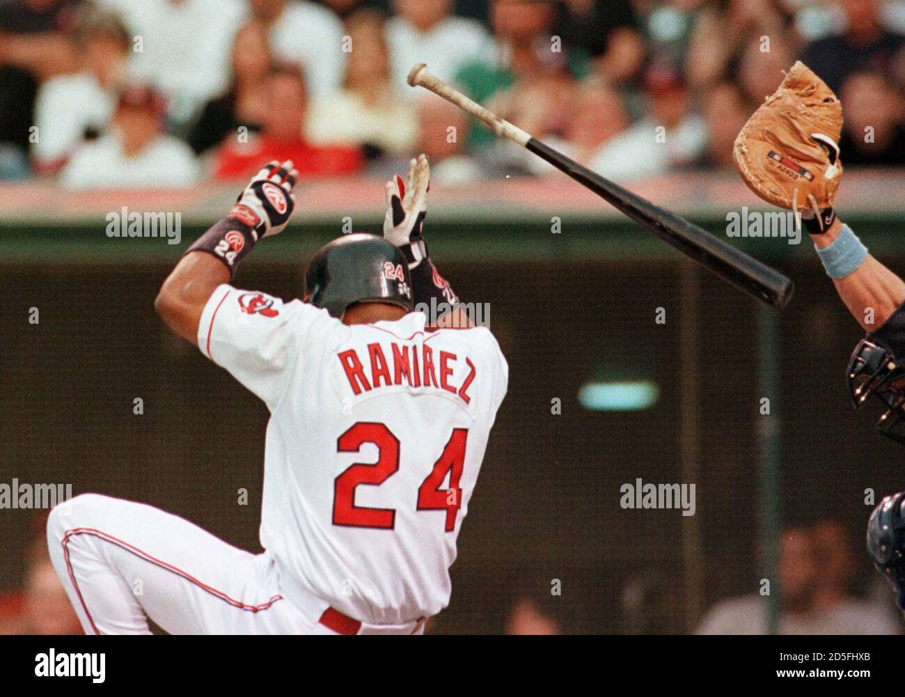 Cleveland Indians' clean up hitter Manny Ramirez is hit by a pitch thrown  by Seattle Mariners' pitcher Frankie Rodriguez in the first inning, June 20  at Jacobs Field in Cleveland. Ramirez, currently