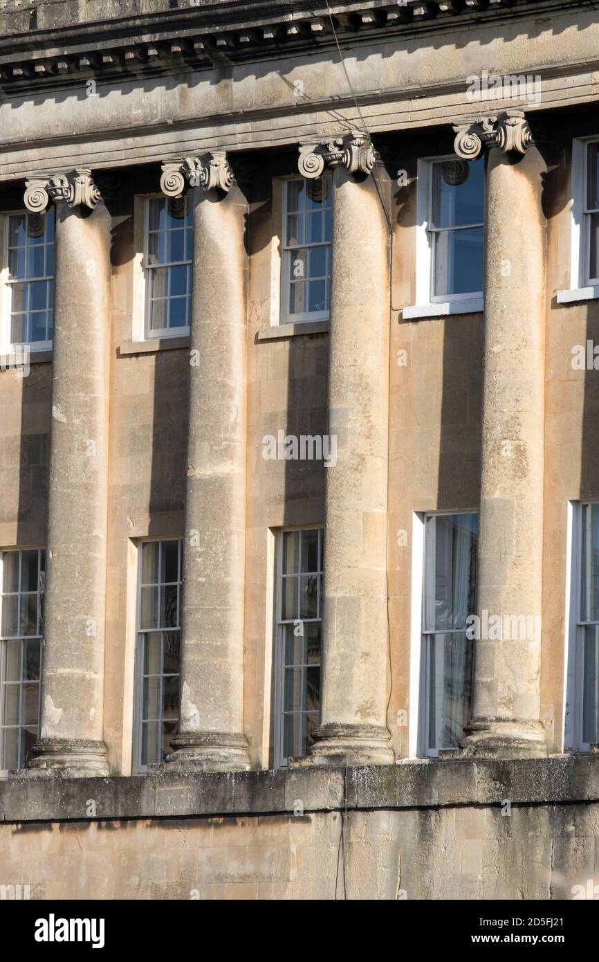 Columns on the houses on Royal Crescent in the City of Bath, Somerset, UK. Stock Photo
