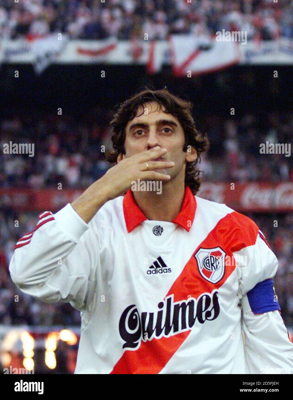 The last idol of Argentine soccer club River Plate, Uruguayan striker Enzo  Francescoli, acknowledges the applause of some 65,000 fans in the  Monumental Stadium at the beginning of his last career match