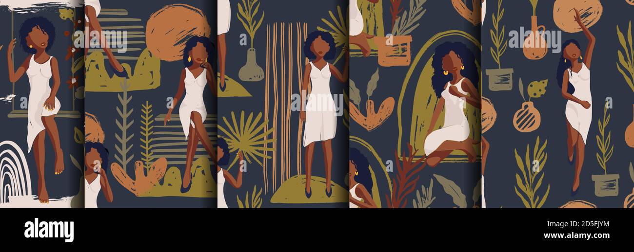 Young girl seamless pattern background set. African afro american group ...