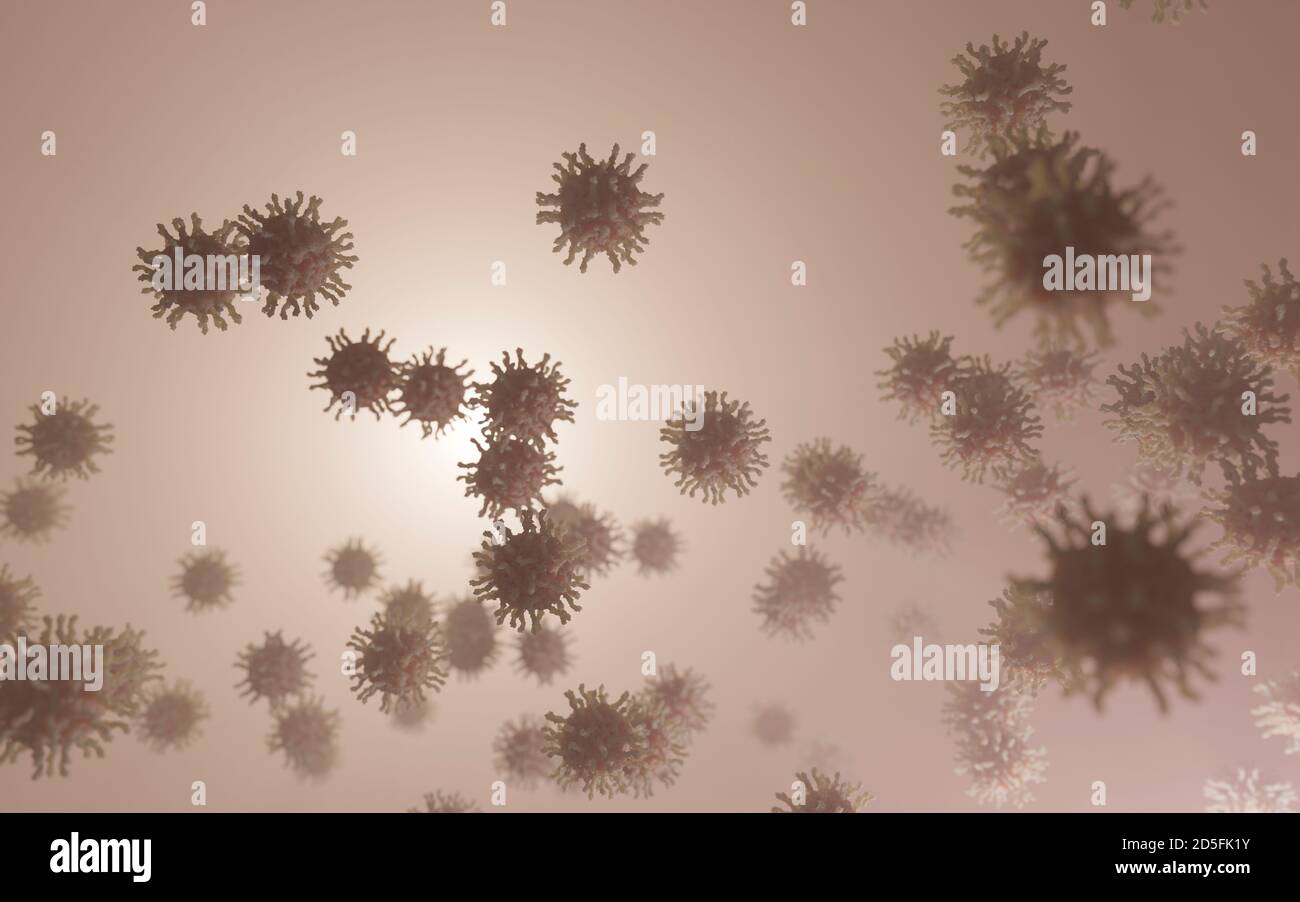 Poliovirus with receptors (spikes). An infectious disease causing polio (or poliomyelitis) which is spread by contaminated food, water or saliva. Stock Photo