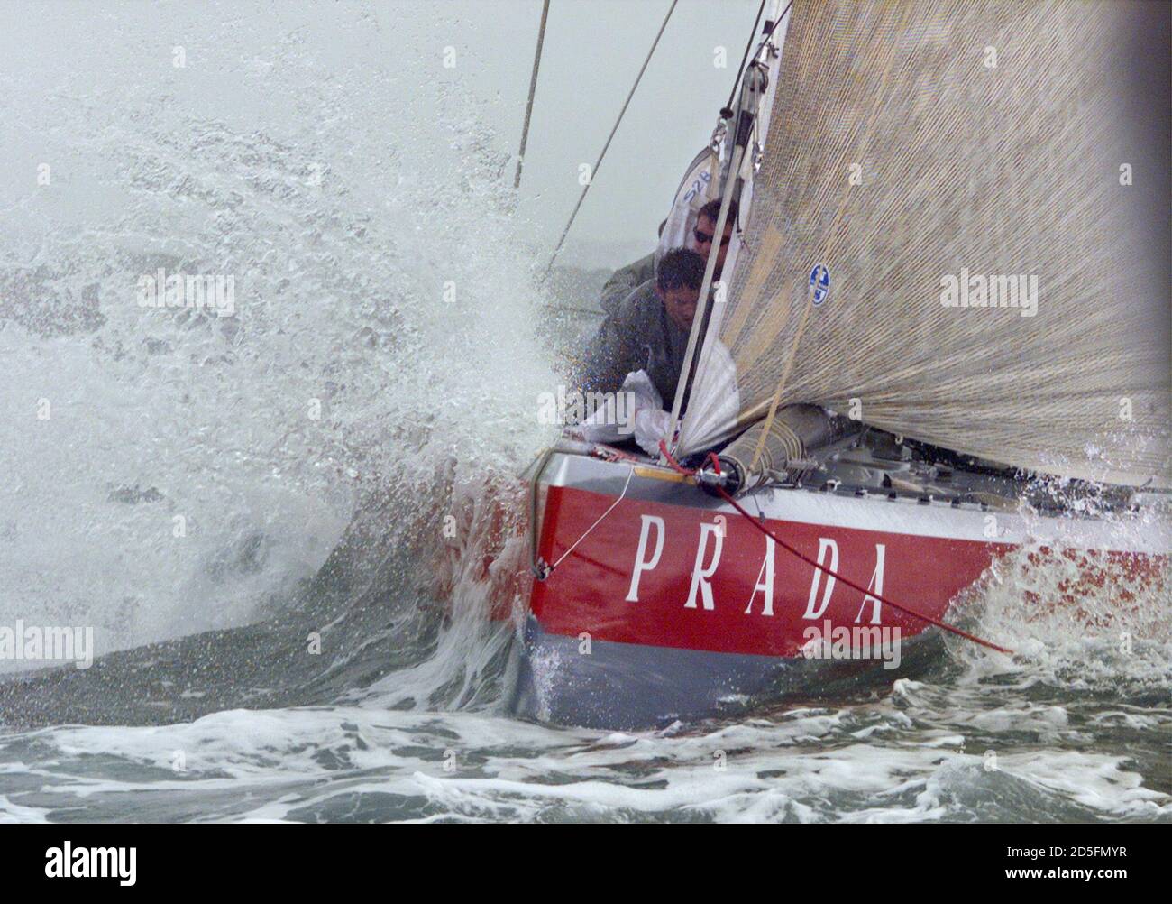 Italy's Prada number one boat ITA 45 crashes around a mark during practice  on Auckland's Hauraki Gulf February 14. Italy's Prada Challenge take on New  Zealand, the holders, for the America's Cup