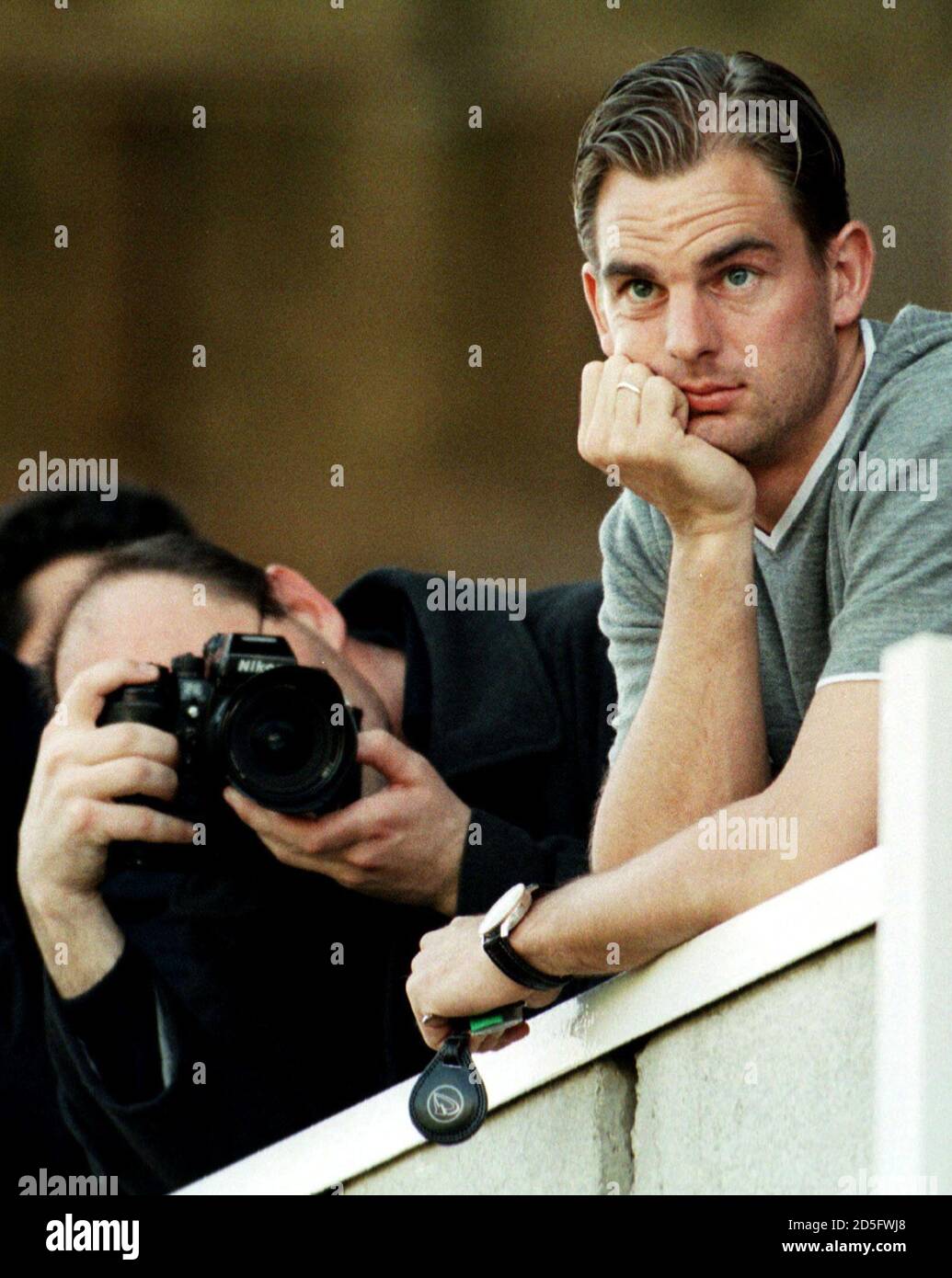 Current Fc Barcelona Player Ronald De Boer Of The Netherlands Is Photographed As He Watches Johan Cruyff S Dream Team Training At Fc Barcelona S Training Ground March 9 Cruyff Who Guided Barcelona To