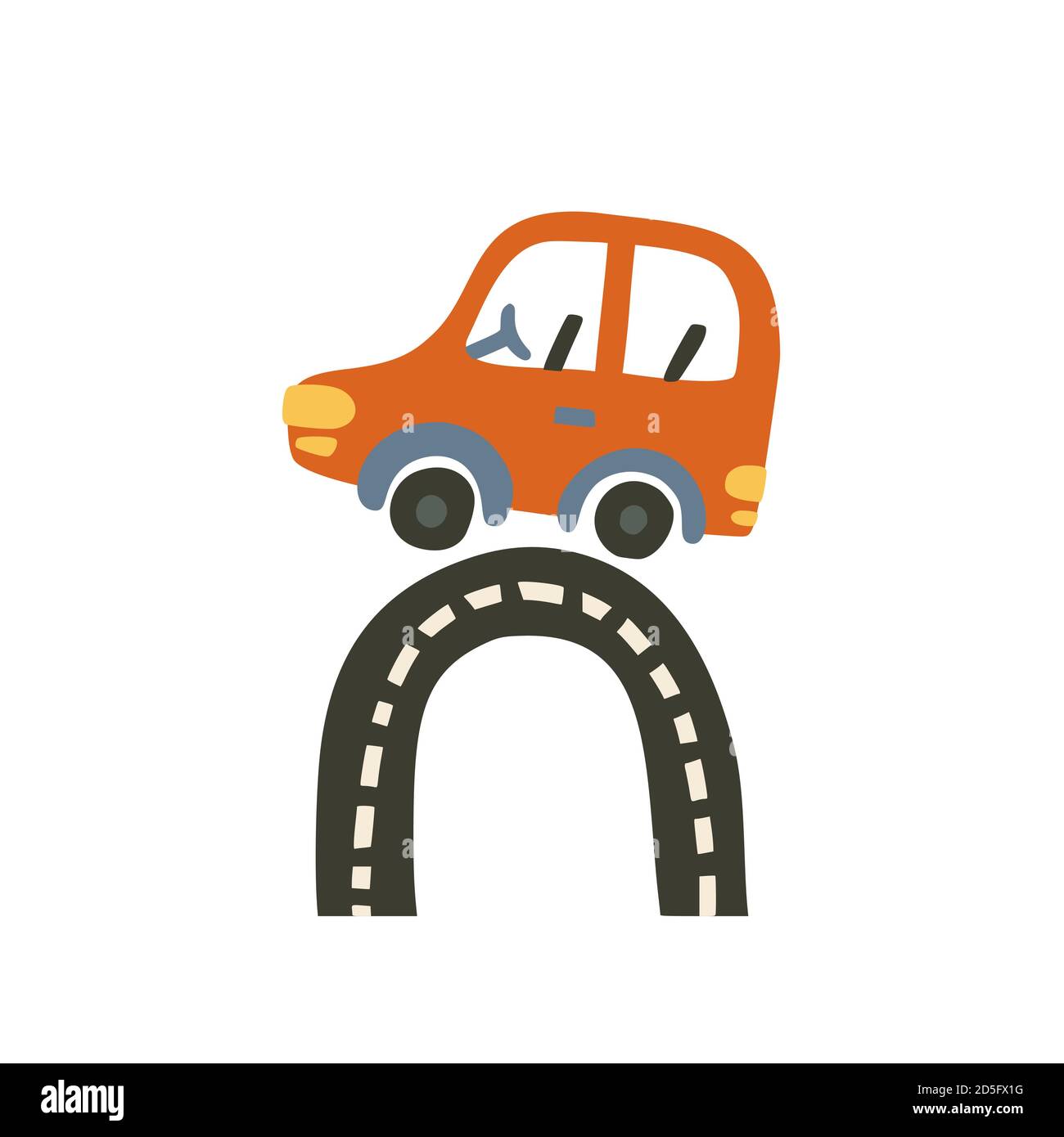 Car vector illustration for baby boy shirt and room designs. Cute red vehicle on a road travel poster. Kid auto card. Stock Vector