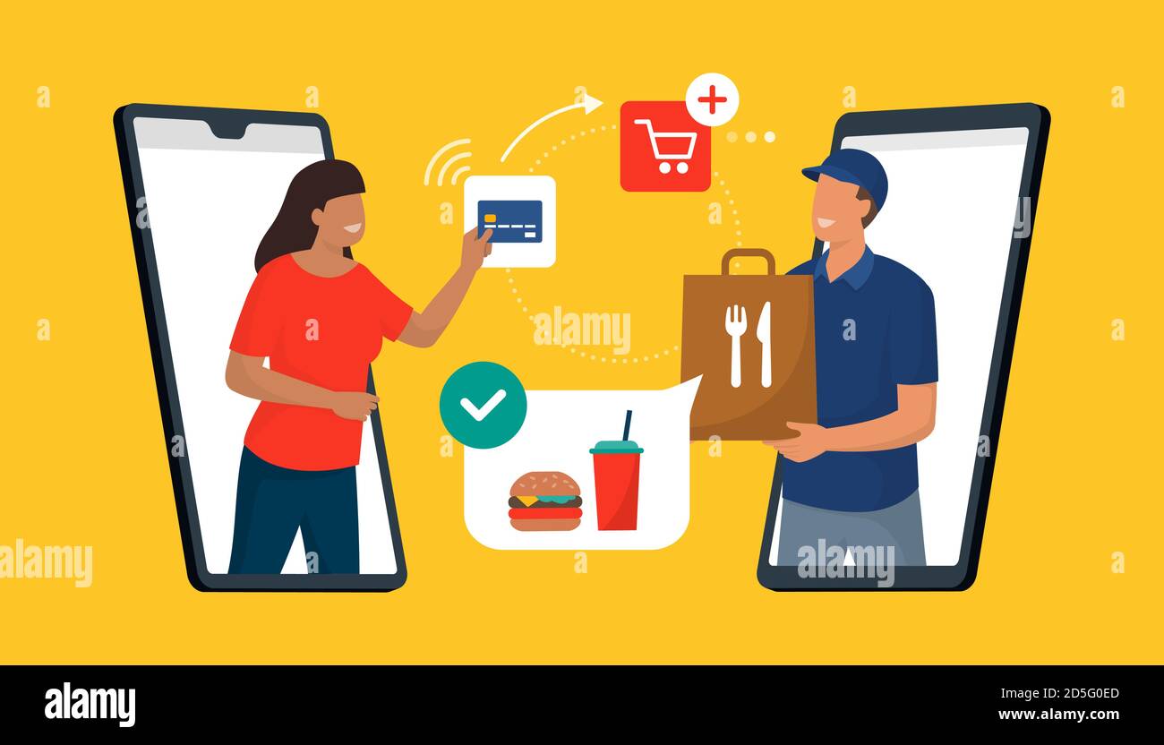 Woman ordering food online and paying with a credit card, the delivery