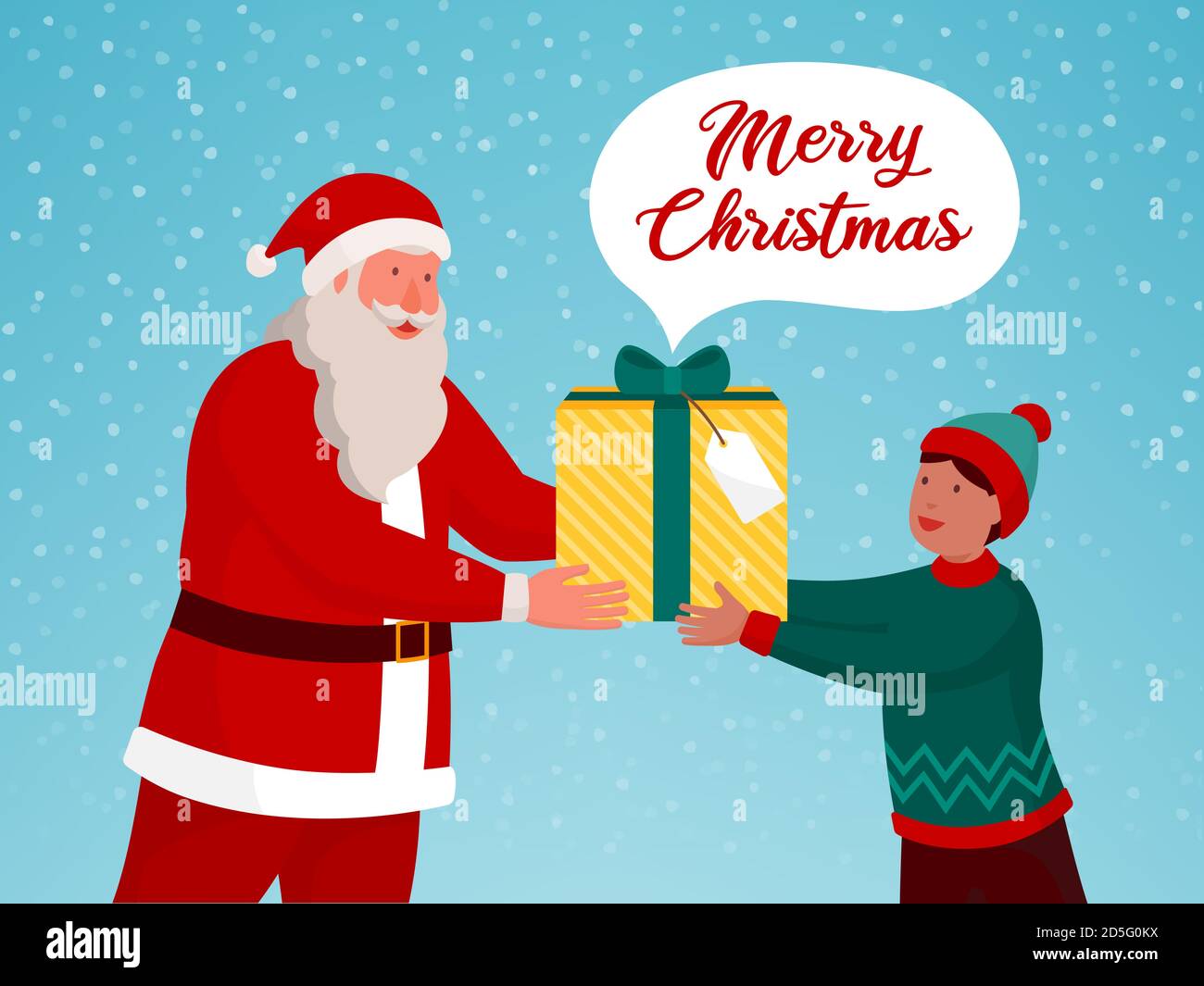 Santa Claus giving a Christmas gift to a boy and snow falling, Christmas card Stock Vector