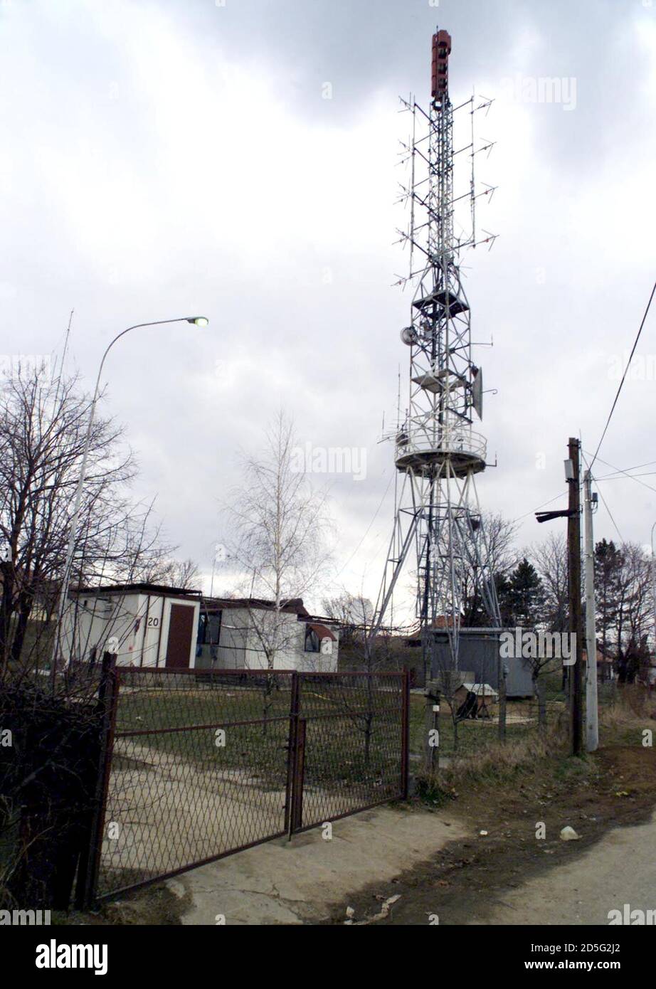 An antenna and transmitter station of the biggest opposition TV station Studio B in a southern suburb of Belgrade March 6. Five people in police uniforms destroyed the transmitter belonging to Studio B early on Monday after beating and tying up two people working there, its editor-in-chief said. Stock Photo
