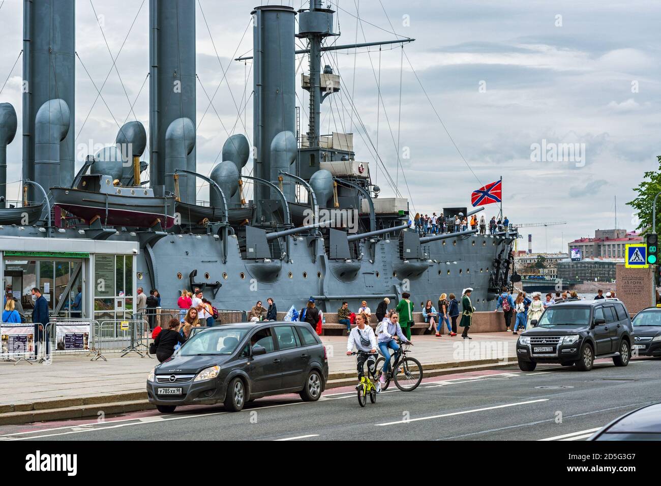 Saint Petersburg, Russia, August 3: Citizens and guests of the city get acquainted with the legendary cruiser Aurora on the Petrogradskaya embankment Stock Photo