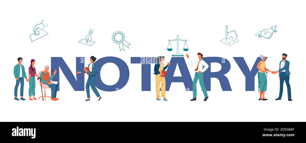 Public notary service banner template with characters flat vector