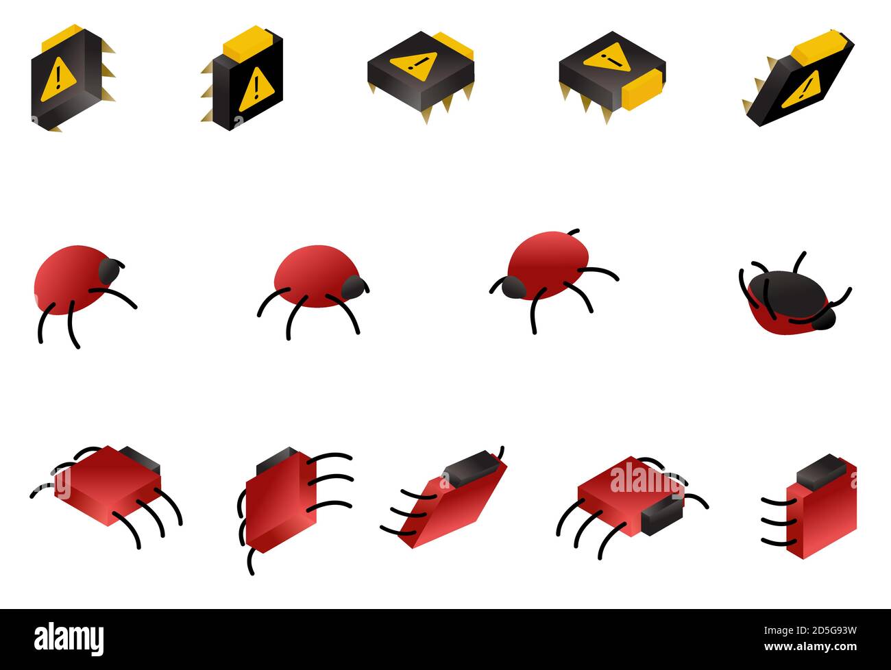 Computer bug isometric icon set isolated on white. Symbols of digital virus and glitch. Vector data danger concept illustration. Stock Vector