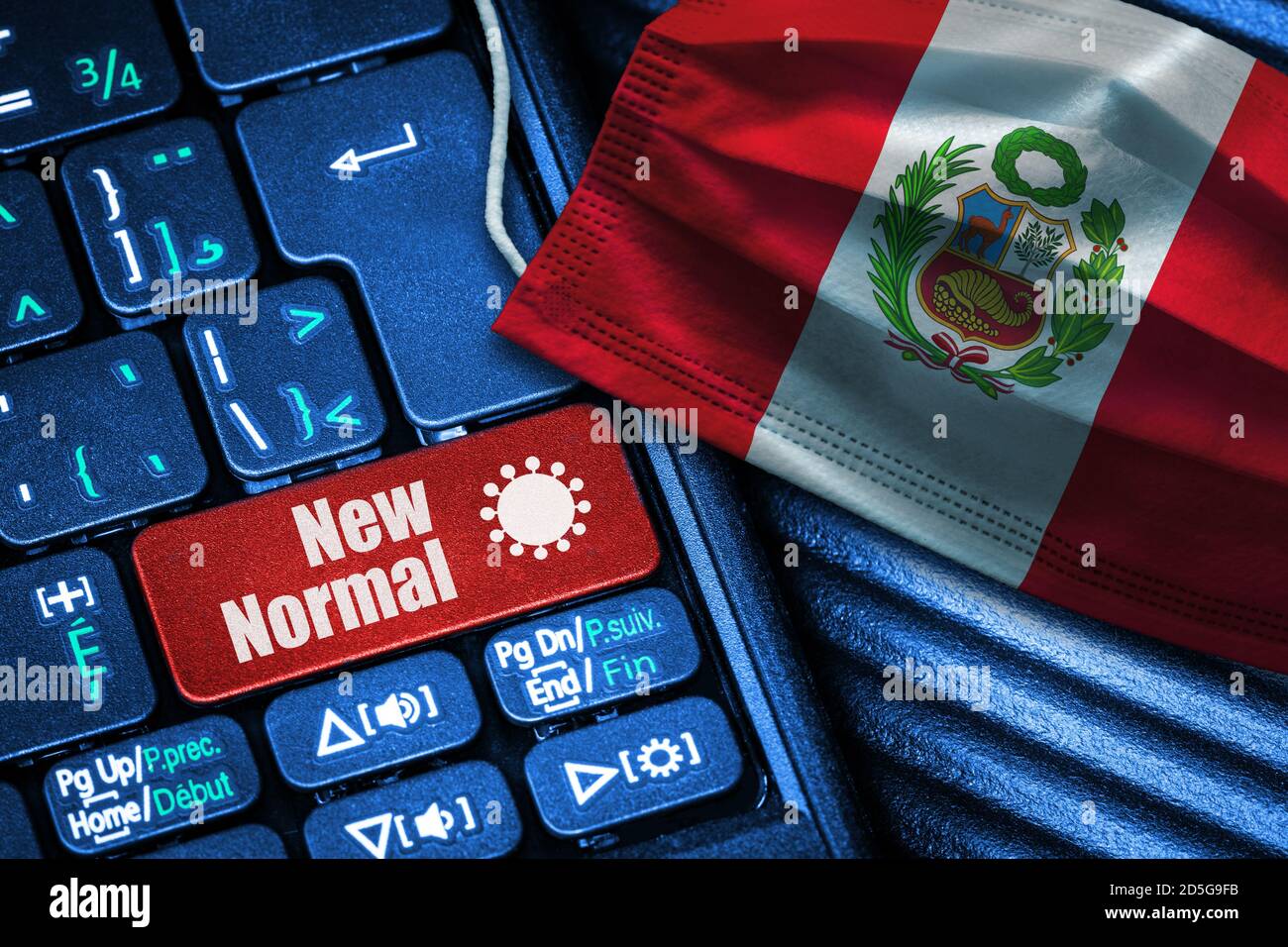 Concept of New Normal in Peru during Covid-19 with computer keyboard red button text and face mask showing Peruvian Flag. Stock Photo