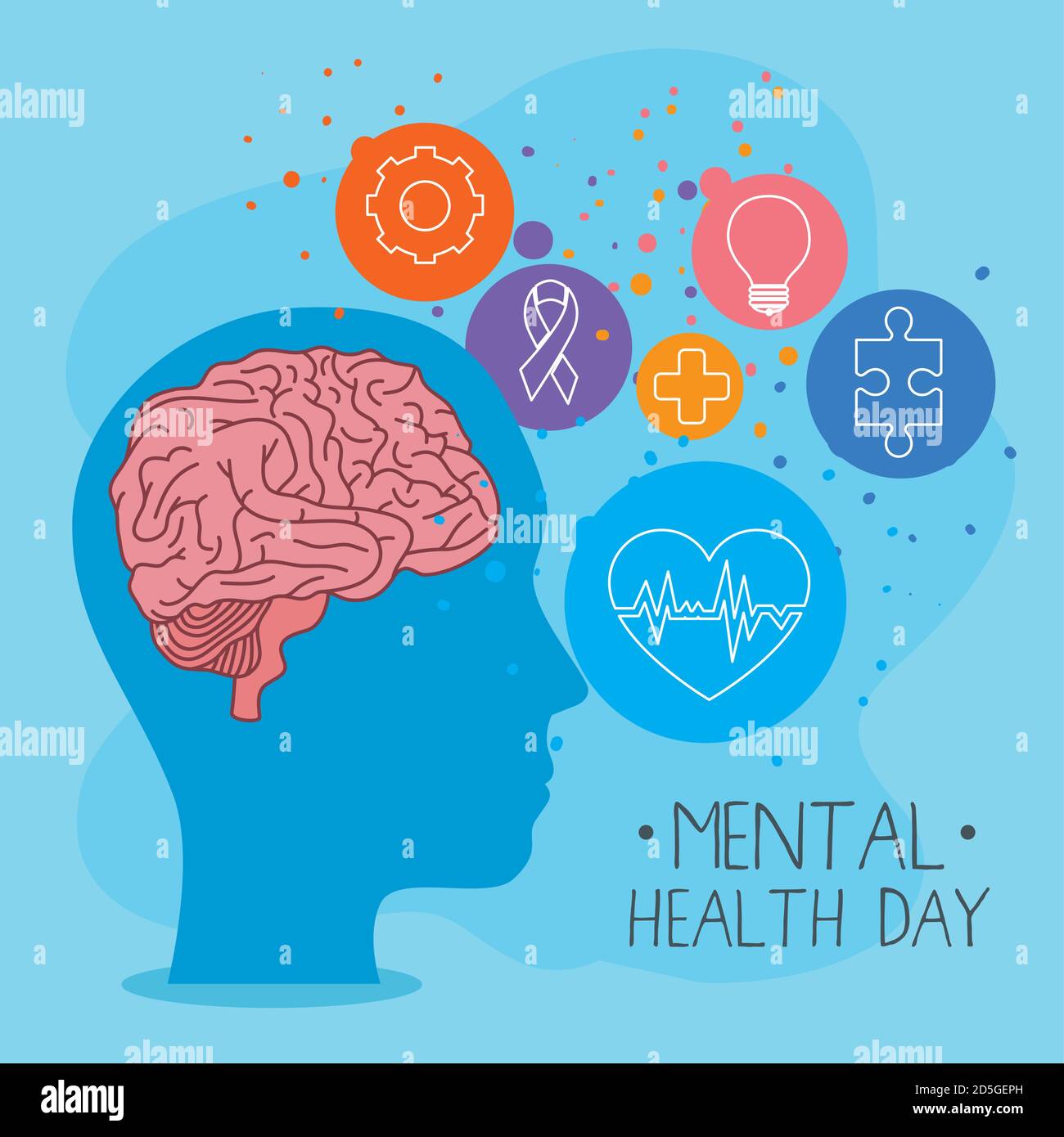 mental health day with brain in head and icon set vector design Stock ...