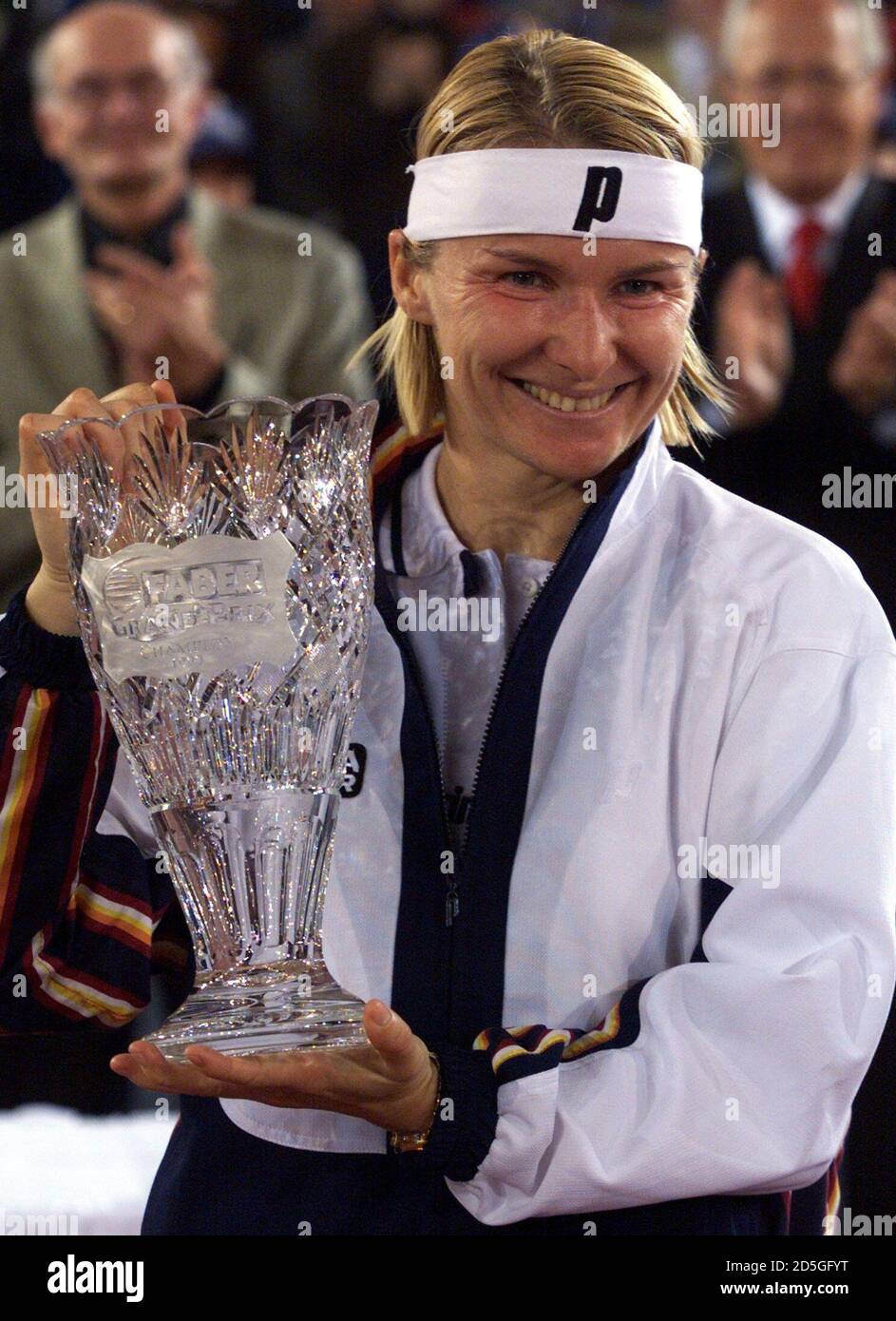 Hub Voksen Forventer Jana Novotna from the Czech Republic holds the winners trophy after her  victory against U.S. Venus Williams in the Women's Tennis Association  tournament in Hanover February 21. Novotna won 6-4 6-4. PEM/AS
