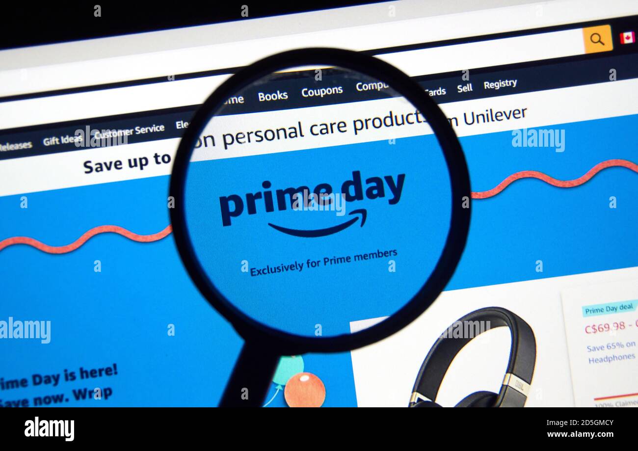 Montreal, Canada - October 13, 2020 : Amazon Prime Day 2020 on a laptop screen under magnifying screen. Prime Day is Amazon annual sale event exclusiv Stock Photo