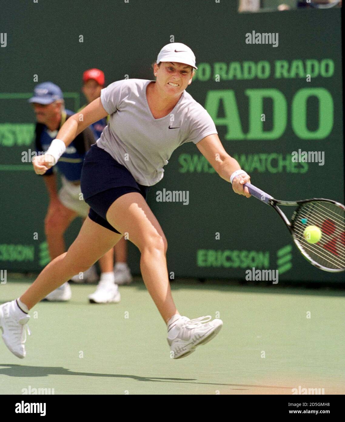 Monica Seles of the U.S. returns a first set volley to Martina Hingis of  Switzerland in their semifinal match at the Ericsson Open March 30. Hingis  went on to defeat Seles 6-0