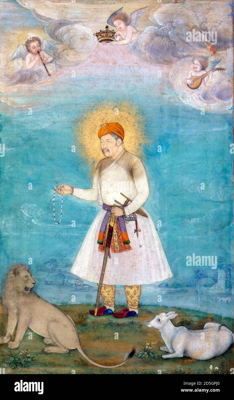 Akbar the Great. Painting entitled 'Akbar With Lion and Calf', showing the third Mughal emperor, Abu'l-Fath Jalal-ud-din Muhammad Akbar (1542-1605) by Govardhan , c.1630 Stock Photo