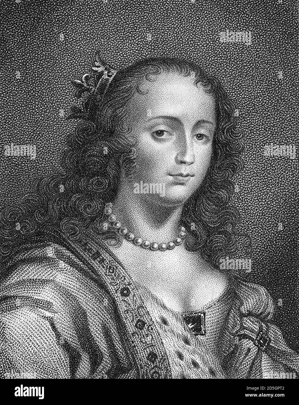 Margaret Cavendish. Portrait of Margaret Lucas Cavendish, Duchess of Newcastle-upon-Tyne (1623-1673), the 17th century English aristocrat, philosopher, poet, scientist, fiction-writer, and playwright. Stipple etching by John Alais from artwork by Abraham van Diepenbeeck, 1819 Stock Photo