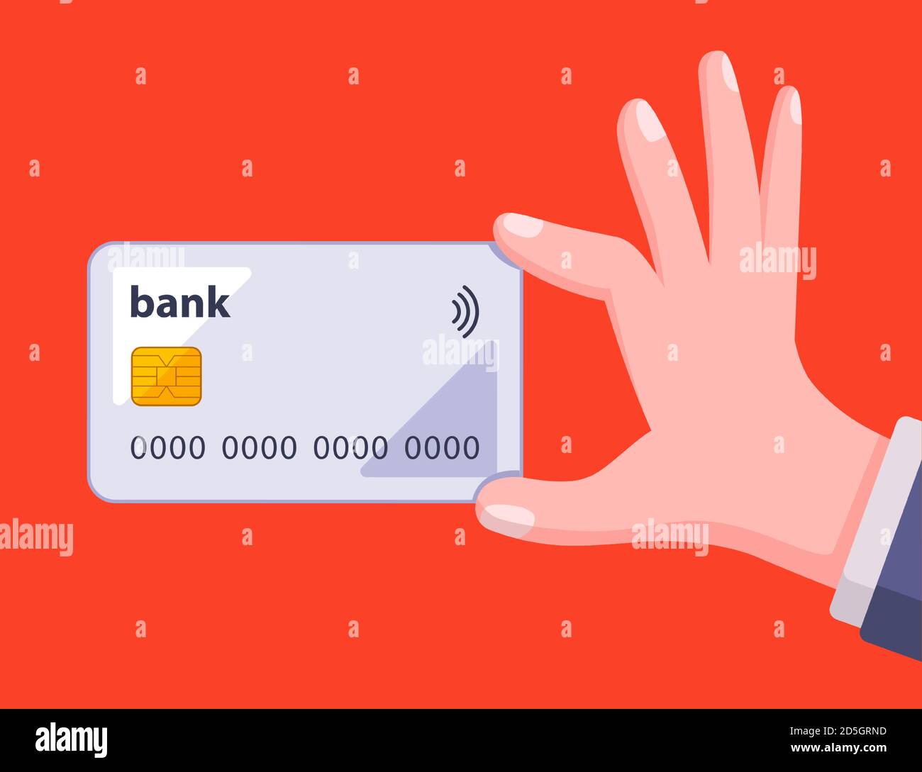 man holds a bank card in his hand on a red background. flat vector ...