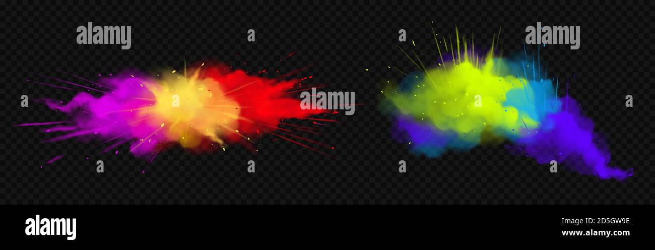 Powder Holi paints colorful clouds or explosions, ink splashes, decorative vibrant dye for festival isolated on transparent background, traditional indian holiday. Realistic 3d vector illustration Stock Vector