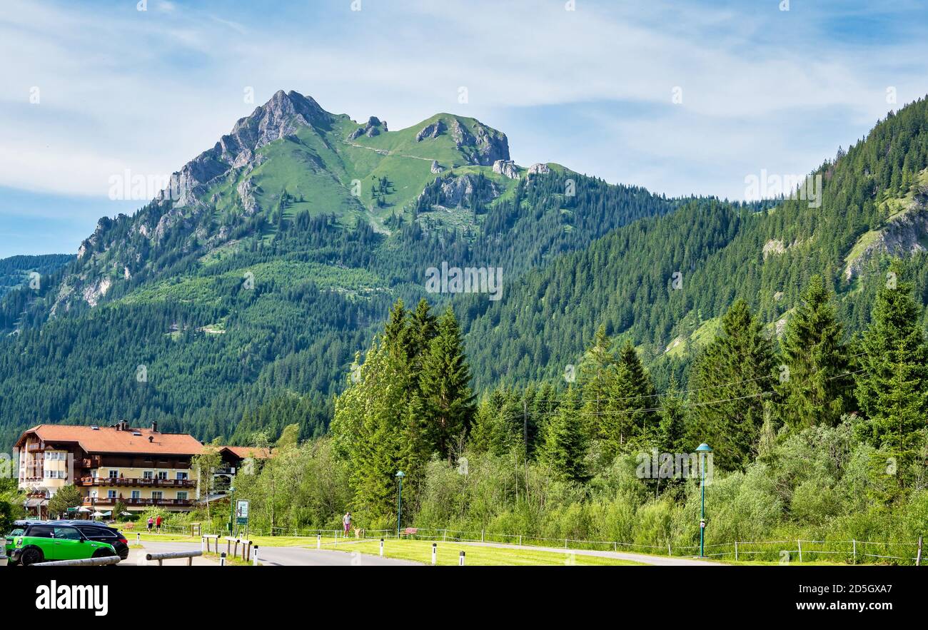 The Aggenstein in the Allgaeu Alps from the Tyrol, Austria. Wooded slopes and rugged summit. View to the Aggenstein in the Allgaeu Stock Photo