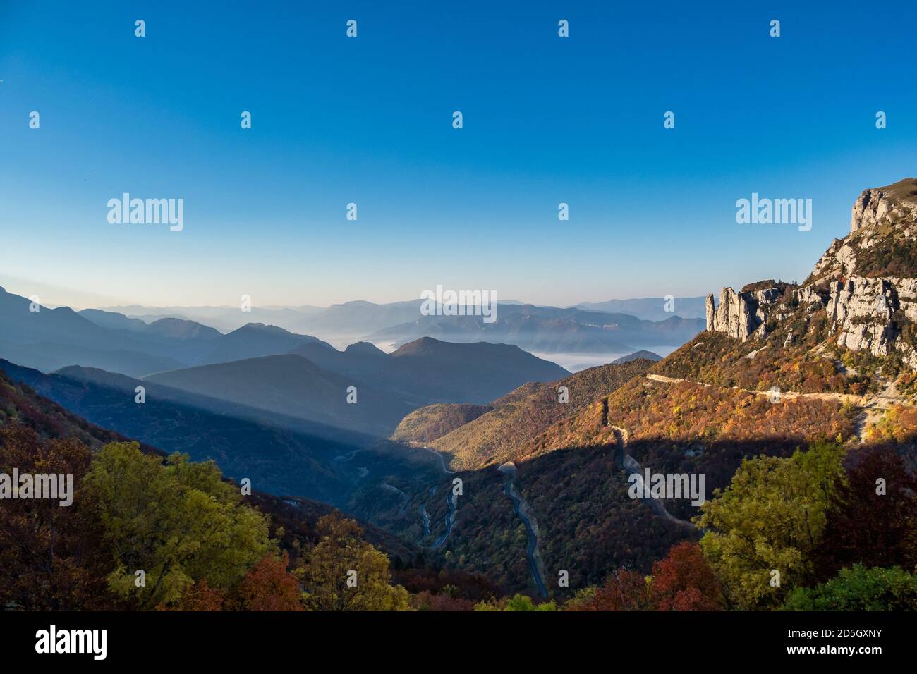 French countryside. Col de Rousset. Panoramic view of the heights of the Vercors, the marly hills and the valley Val de Drome, France Stock Photo