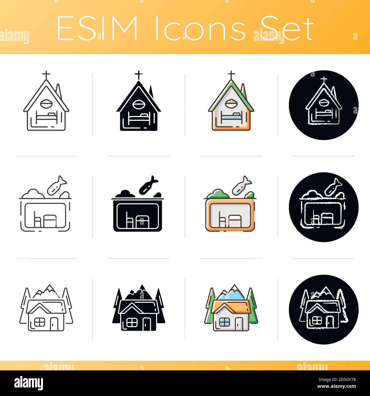 Temporary supportive housing icons set Stock Vector