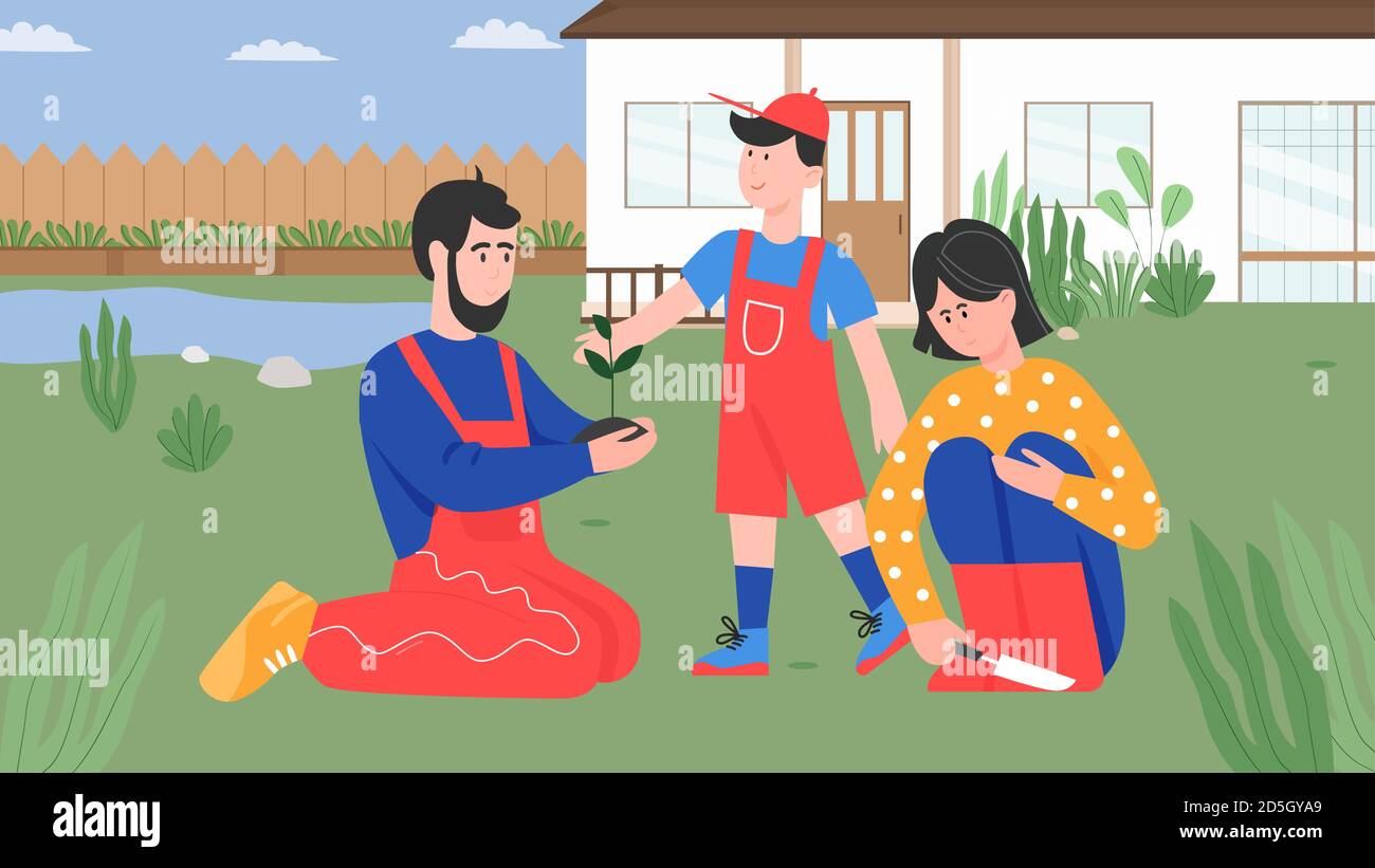 Family people planting vector illustration. Cartoon father, mother and child boy gardeners plant tree in house garden, spend time together in nature. Son kid helping parents at housework background Stock Vector
