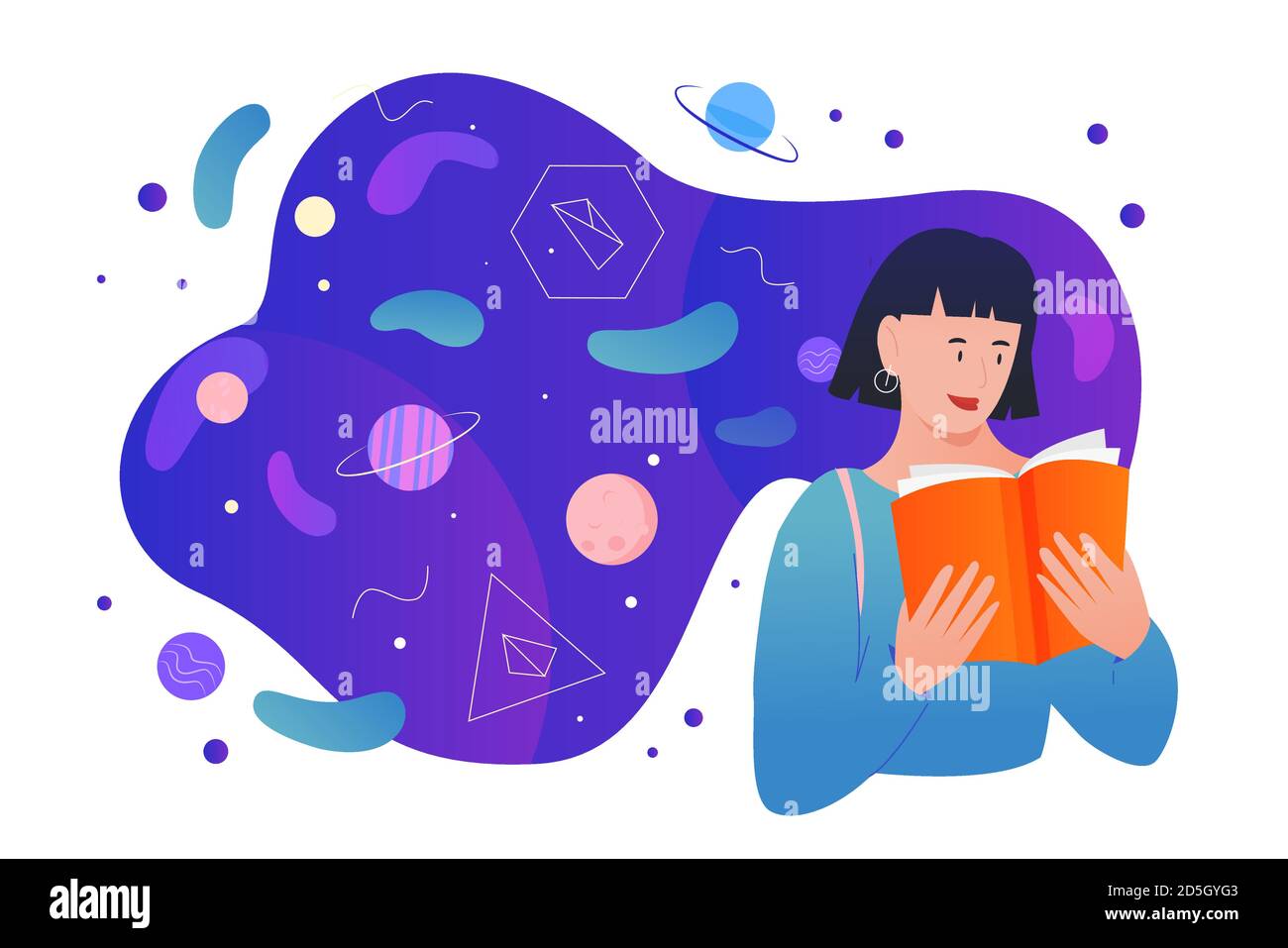 Read scientific books vector illustration. Cartoon young reader character studying, woman student reading textbook or encyclopedia with science knowledge information from library isolated on white Stock Vector