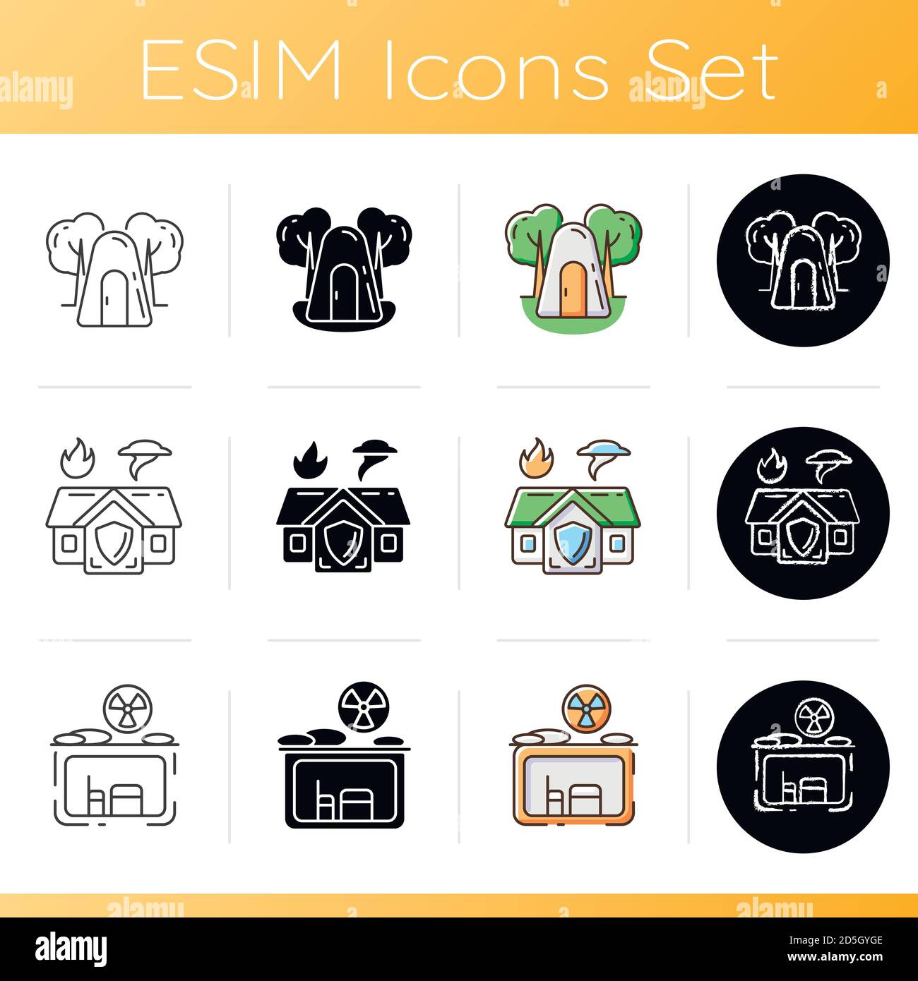 Temporary safe residence icons set Stock Vector
