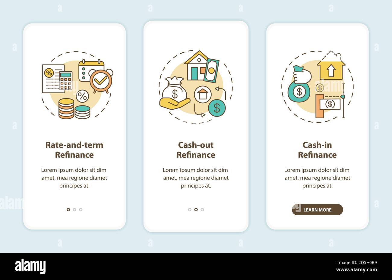 Mortgage refinance types onboarding mobile app page screen with concepts Stock Vector