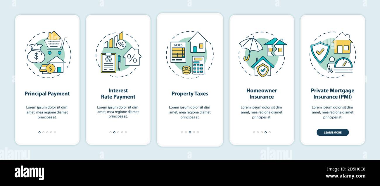 Mortgage payment elements onboarding mobile app page screen with concepts Stock Vector