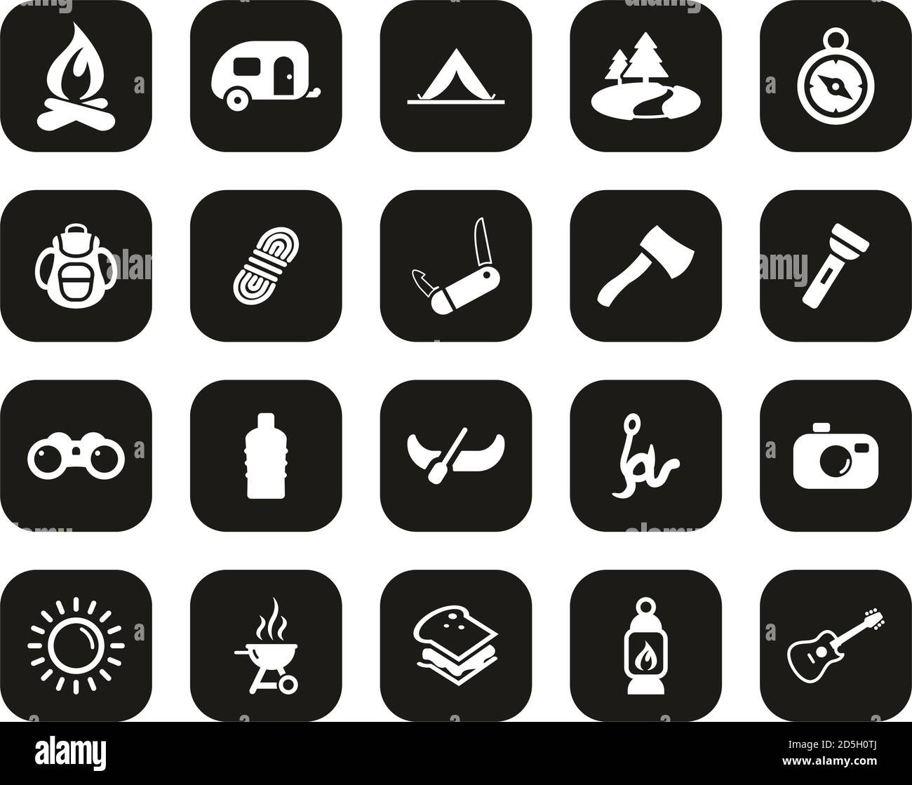 Camping Or Outdoor Adventure Icons White On Black Flat Design Set Big ...