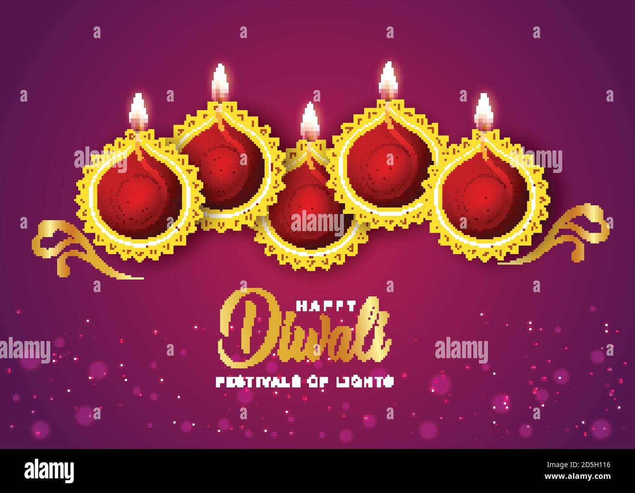 Happy Diwali celebration background. Top view of banner design decorated with illuminated oil lamps on patterned dark background. vector illustration Stock Vector