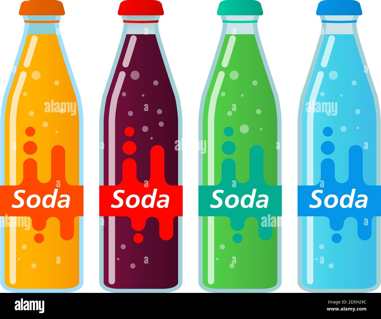 Sweet sparkling water.Orange and lemon lemonade.Set of glass bottles