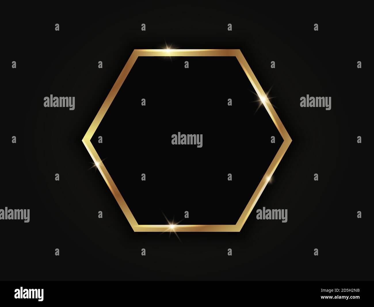 Hexagonal golden sparkling frame isolated on black background Stock Vector
