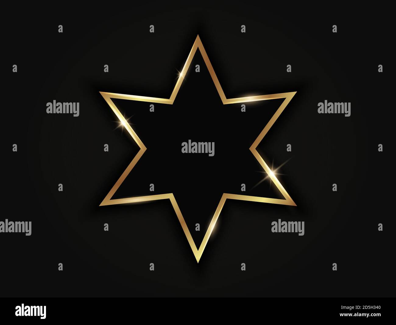 Hexagonal star golden sparkling frame isolated on black background. Stock Vector