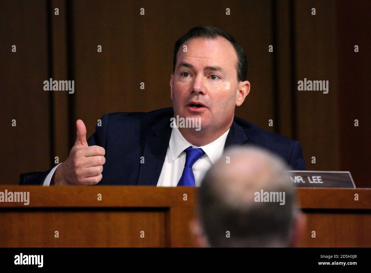 United States Senator Mike Lee (Republican of Utah) questions President Donald Trump's Supreme Court nominee Judge Amy Coney Barrett during the second day of her Senate Judiciary Committee confirmation hearing Tuesday, October 13, 2020. Credit: Bonnie Cash/Pool via CNP /MediaPunch Stock Photo