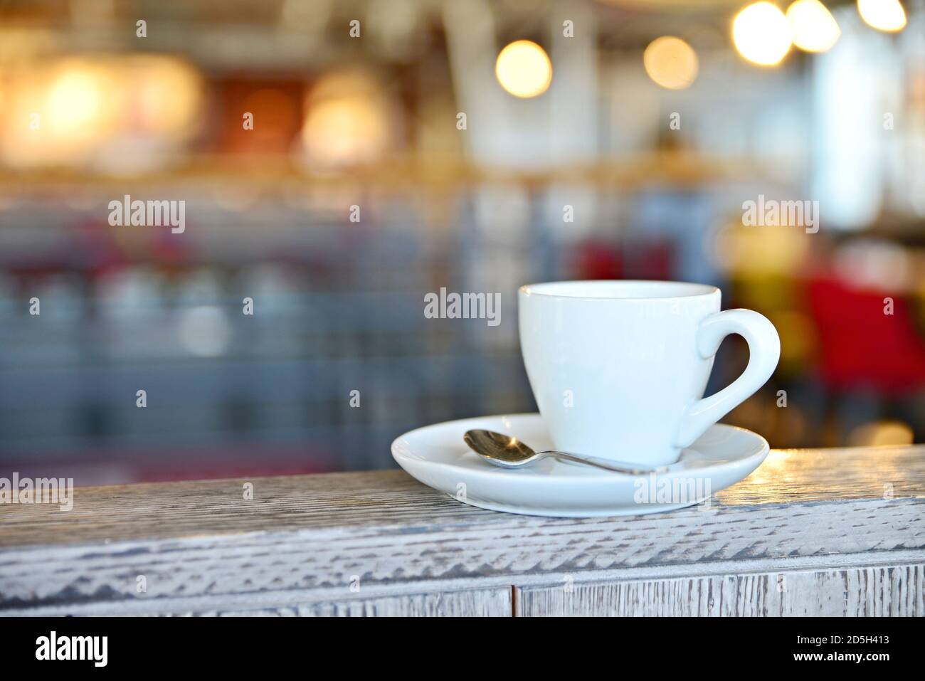 Coffee cup in Prague cafe 2020. Coffee cup in Prague cafe 2020. White mug with coffee on a white saucer. Hot coffee in a mug. Romantic background with Stock Photo