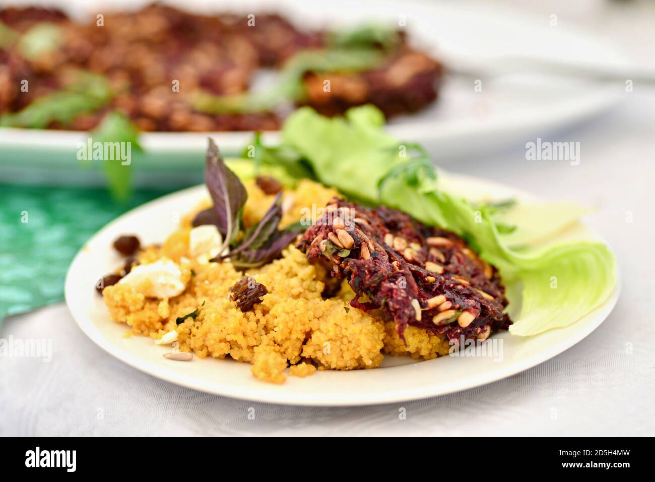 South American food, vegetable, meat, pancake with rice and crispy salad. Stock Photo
