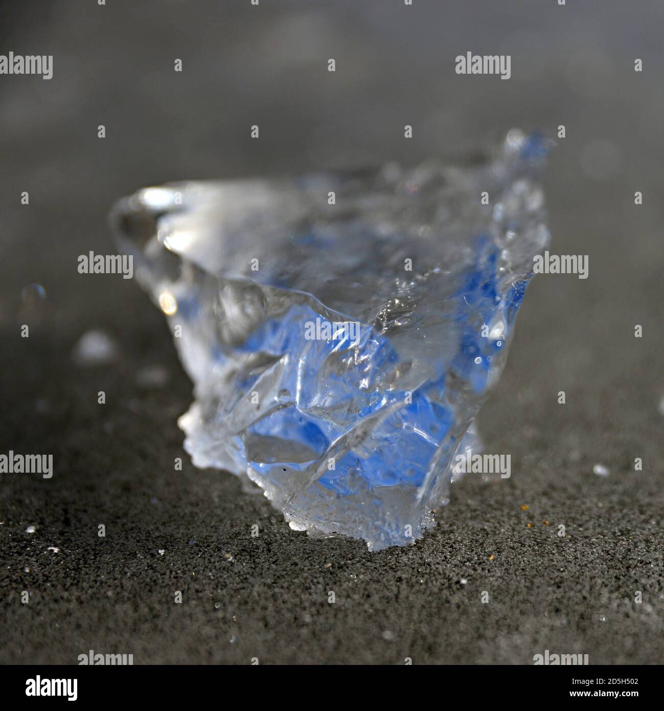 Fragment of ice from near. Transparent bluish ice on the ground. Stock Photo