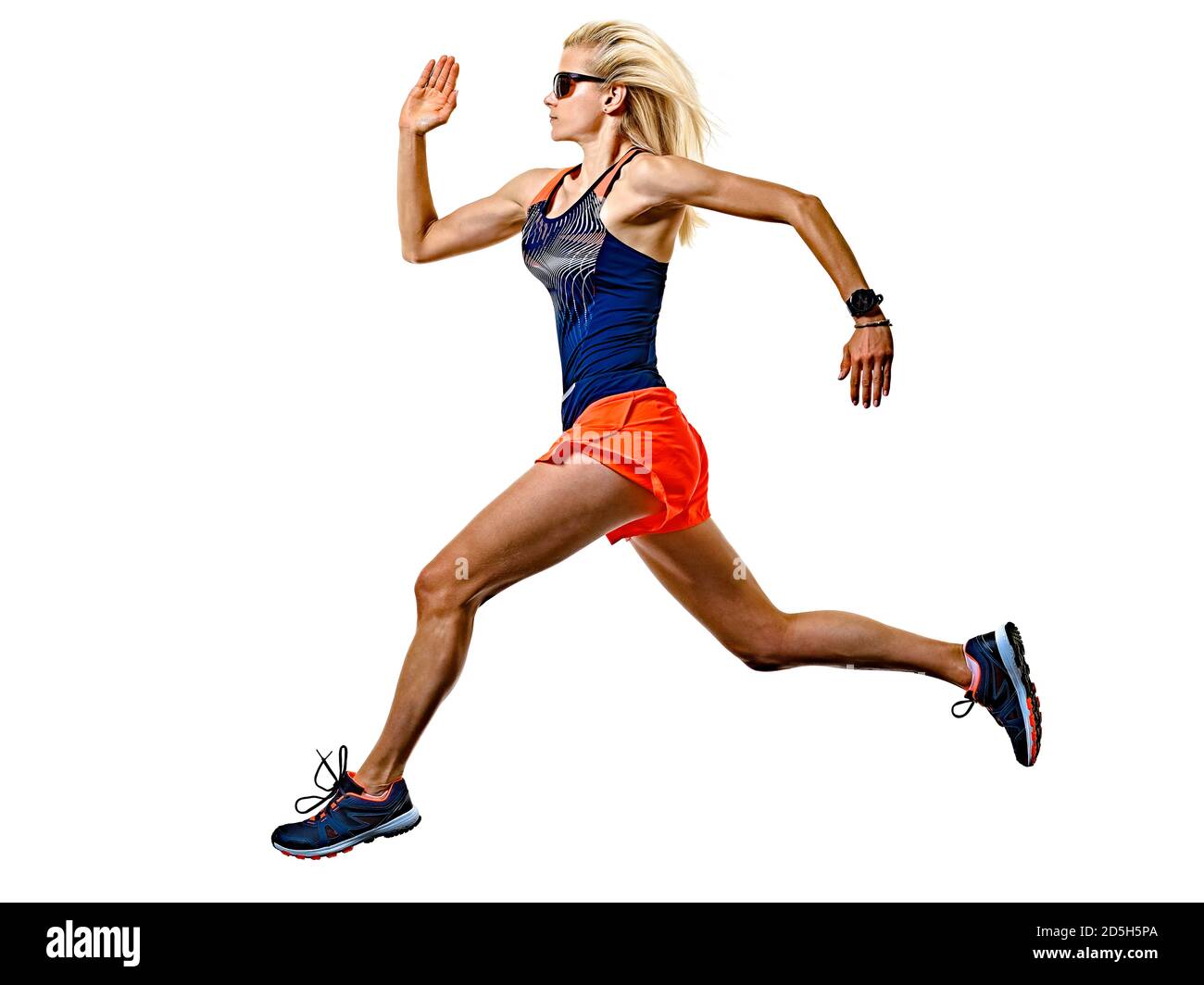 one caucasian beautiful long blond hair woman runner jogger jogging running studio shot isolated on white background Stock Photo