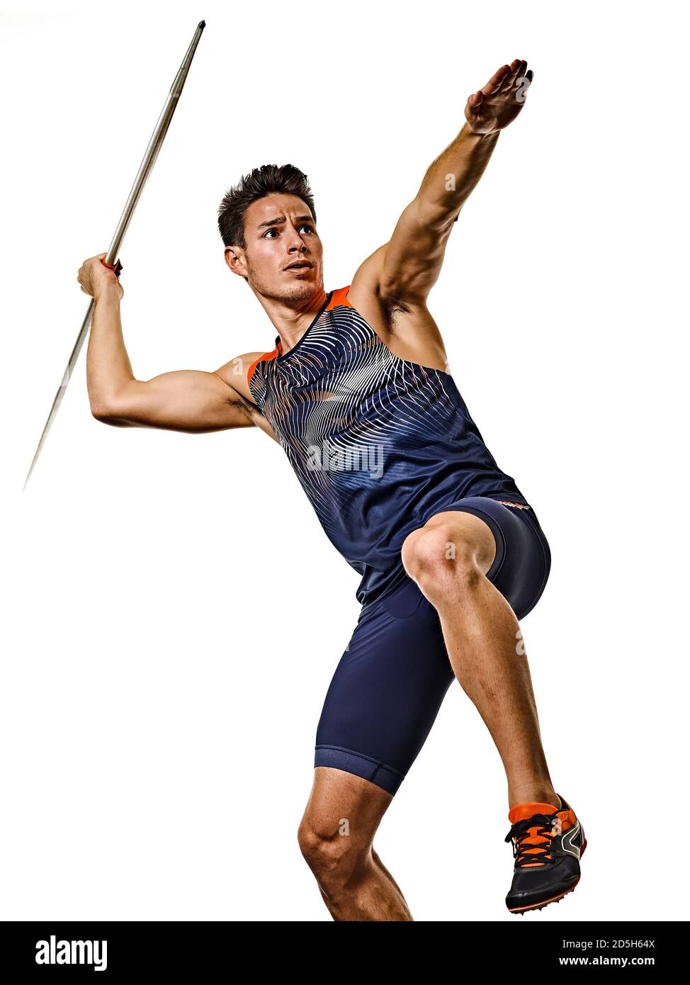 one young caucasian athlete man practicing Javelin  athletics in studio  isolated on white background Stock Photo