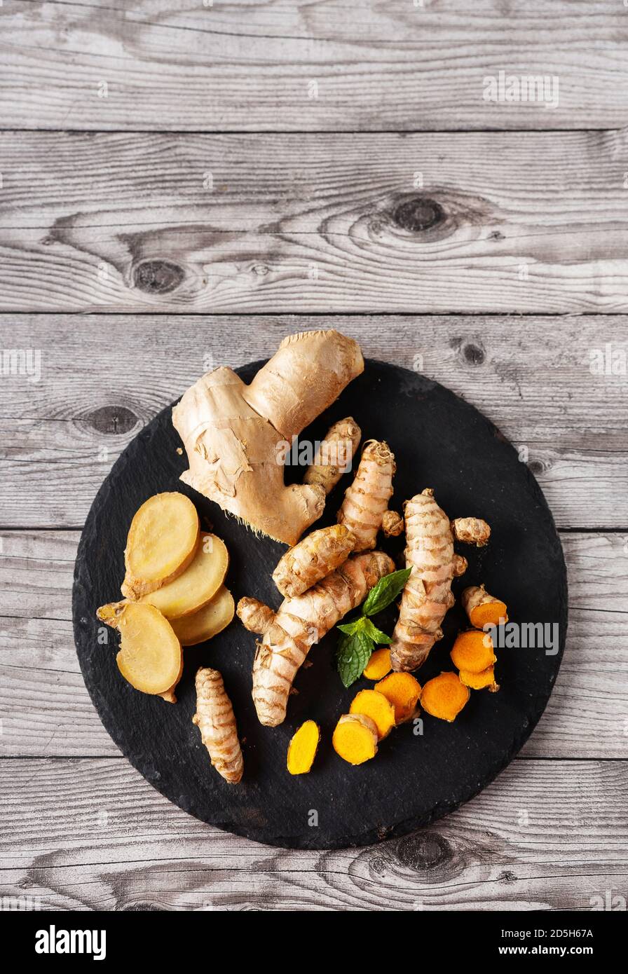 Top view of turmeric and ginger roots Stock Photo
