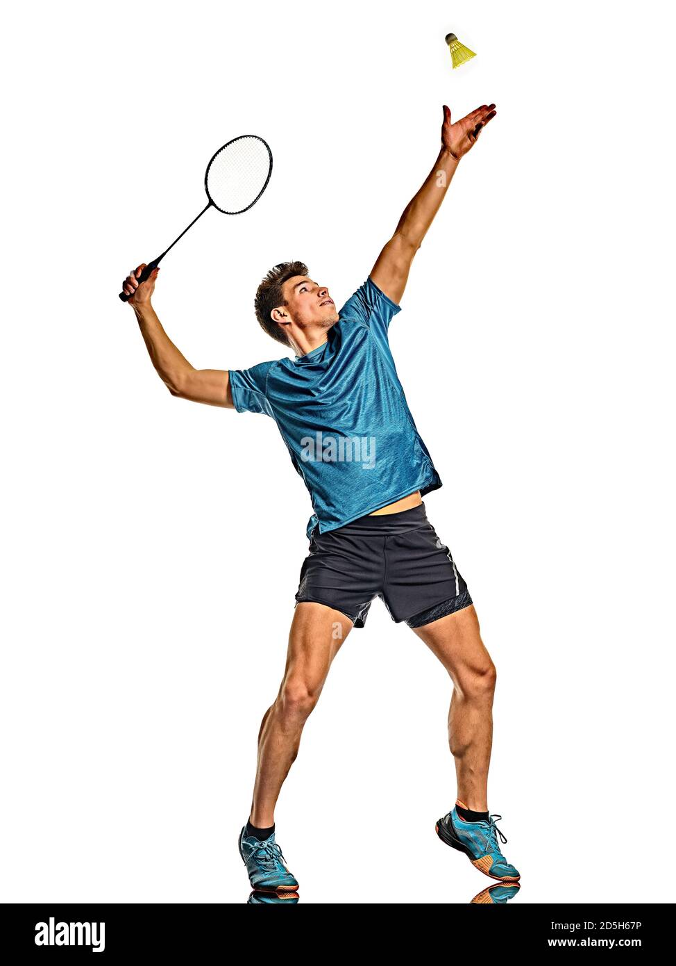 one caucasian youg Badminton player man  in studio  isolated on white background Stock Photo