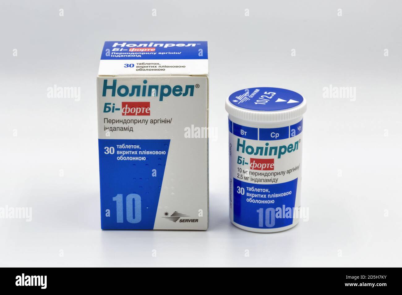 KYIV, UKRAINE - JULY 09, 2020: Antihypertensive drug Noliprel Bi-forte by Servier, original perindopril and indapamide. Servier is international pharm Stock Photo