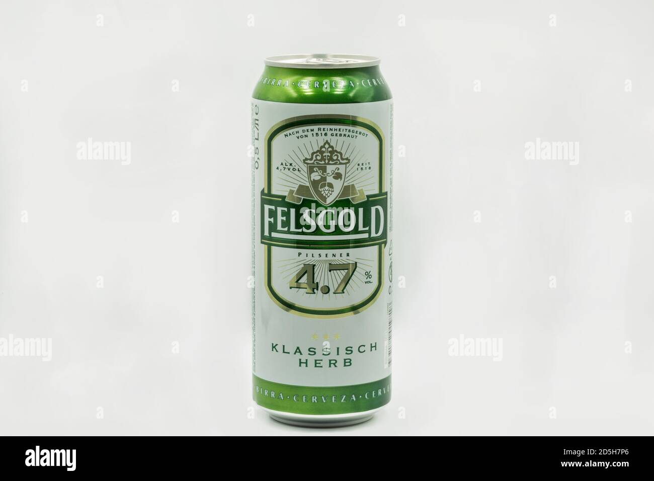 KYIV, UKRAINE - JULY 23, 2020: Felsgold Klassisch Herb German pilsner beer can closeup against white bacground. Stock Photo