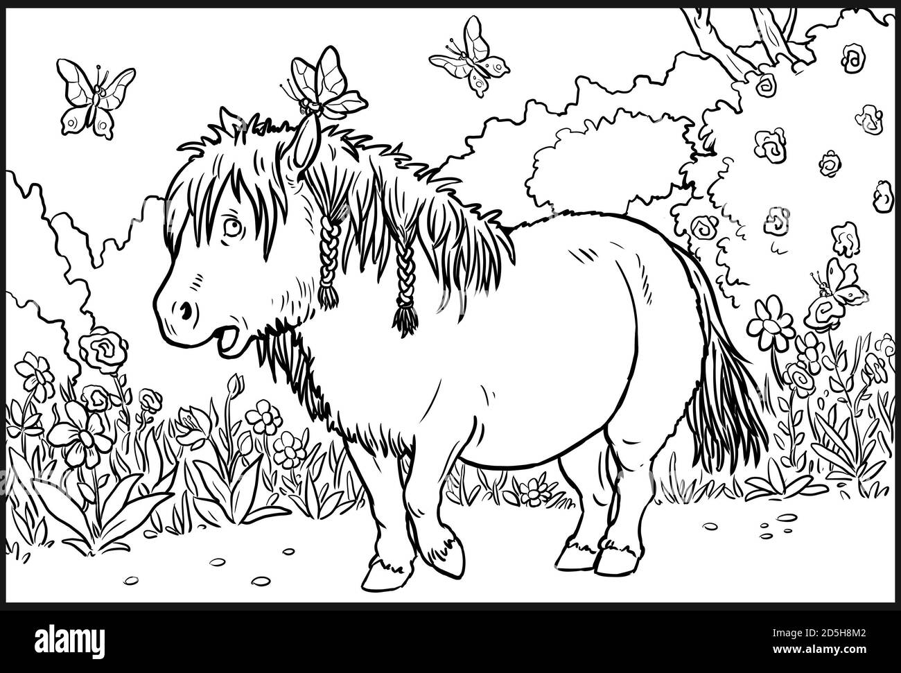 Funny pony for coloring. Colouring page for horse lovers. Stock Photo