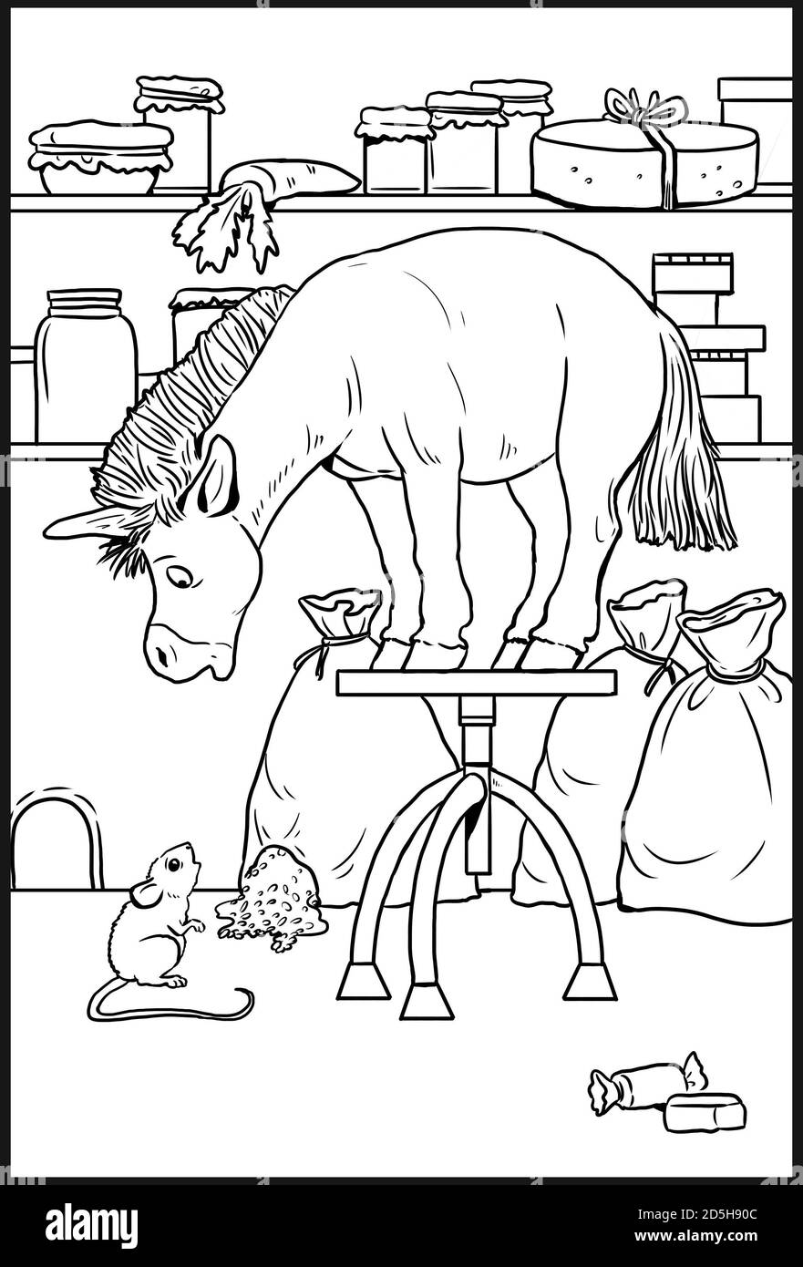 Funny unicorn and mouse for coloring. Coloring page for  kids and horse lovers. Stock Photo