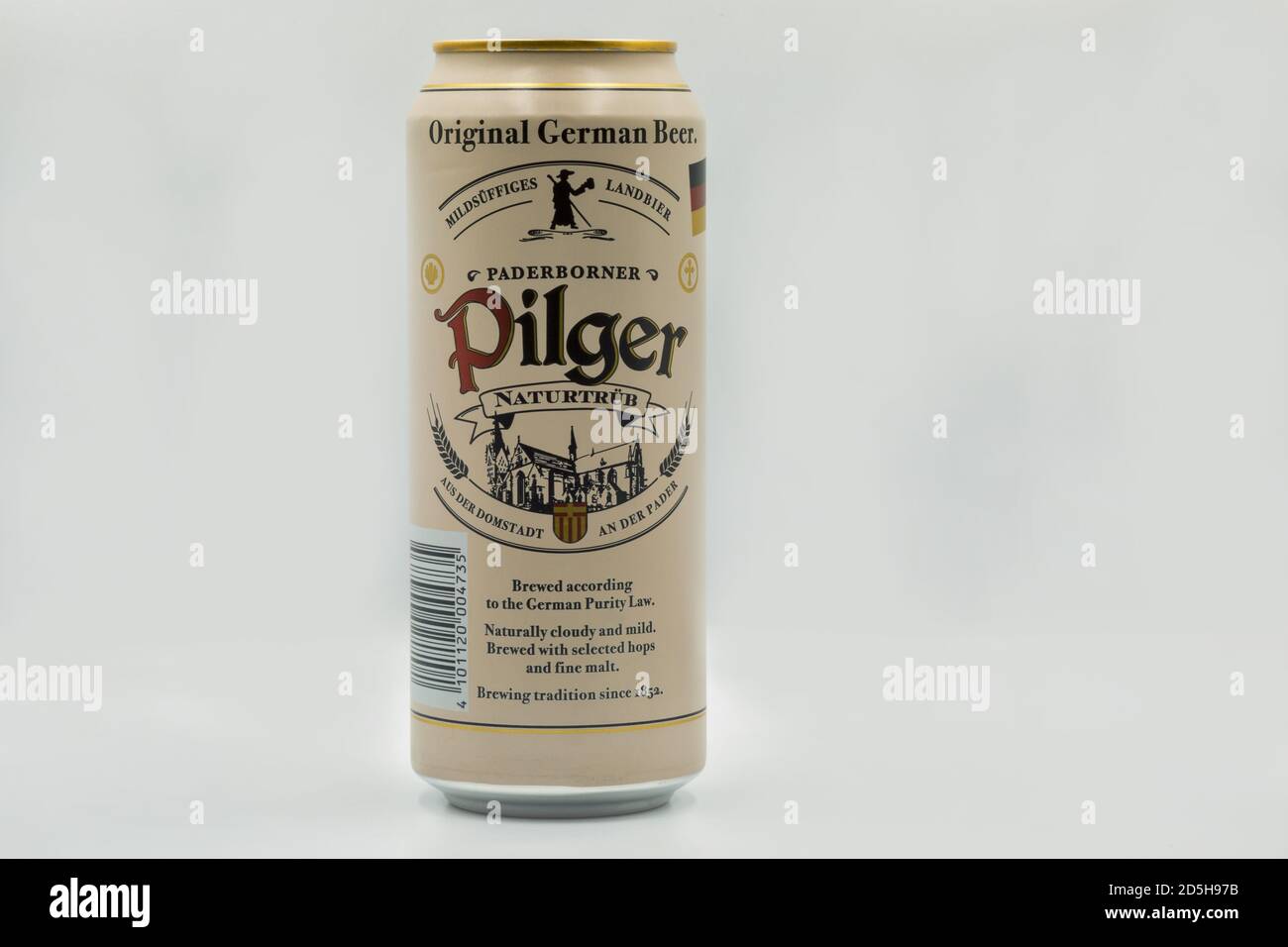 KYIV, UKRAINE - AUGUST 22, 2020: Raderborner Pilger original German beer can closeup against white background. Stock Photo